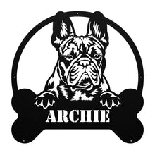 Load image into Gallery viewer, French Bulldog Peeking Bone Circle Frame Metal Wall Art