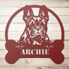 Load image into Gallery viewer, French Bulldog Peeking Bone Circle Frame Metal Wall Art