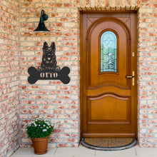 Load image into Gallery viewer, Longhaired Peeking German Shepherd Bone Monogram Metal Wall Art