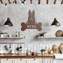 Load image into Gallery viewer, Longhaired Peeking German Shepherd Bone Monogram Metal Wall Art