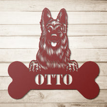 Load image into Gallery viewer, Longhaired Peeking German Shepherd Bone Monogram Metal Wall Art