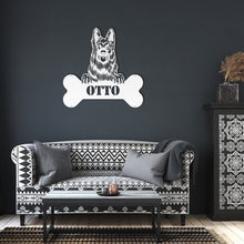Load image into Gallery viewer, Longhaired Peeking German Shepherd Bone Monogram Metal Wall Art