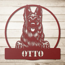 Load image into Gallery viewer, Longhaired Peeking German Shepherd Monogram Metal Wall Art