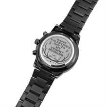 Load image into Gallery viewer, Happy Valentine's Day To My Trophy Husband Engraved Design Black Chronograph Watch