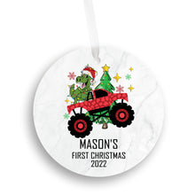 Load image into Gallery viewer, Baby's First Christmas Ornament - Personalized First Christmas Dinosaur Monster Truck Ornament - Custom Baby Boy Truck Ornament
