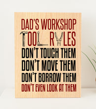 Load image into Gallery viewer, Dad's Workshop Tool Rules Father's Day Plywood Sign