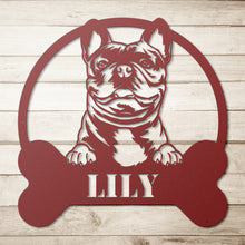 Load image into Gallery viewer, Peeking French Bulldog Bone Circle Frame Metal Wall Art
