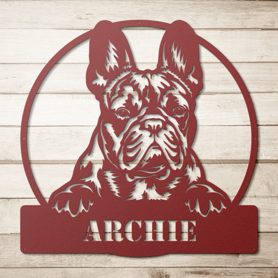 Peeking French Bulldog Circle Frame Metal Wall Art