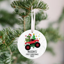 Load image into Gallery viewer, Baby&#39;s First Christmas Ornament - Personalized First Christmas Dinosaur Monster Truck Ornament - Custom Baby Boy Truck Ornament
