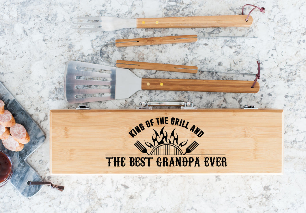 King Of The Grill And Best Grandpa Father's Day Bamboo BBQ Set