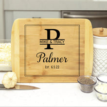 Load image into Gallery viewer, Personalized Wedding Name &amp; Date Bamboo Cutting Board
