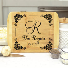 Load image into Gallery viewer, Personalized Family Initial, Name &amp; Wedding Date Bamboo Cutting Board
