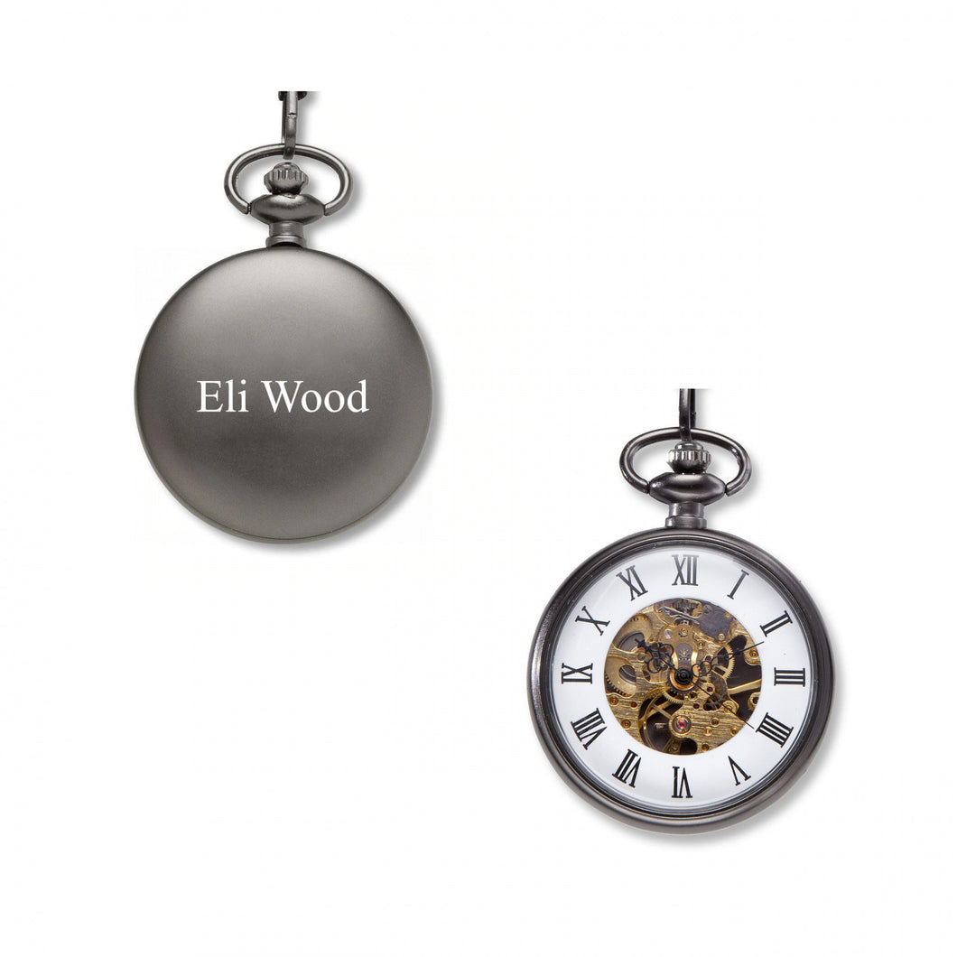 Personalized Name Engraved Gears Gunmetal Pocket Watch